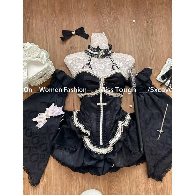 Trajes de Lolita góticos negros Y2k, conjunto de 2 piezas de Halloween para mujer, Top de encaje + minifalda de pastel Blakc + ropa Vintage de Cosplay de manga