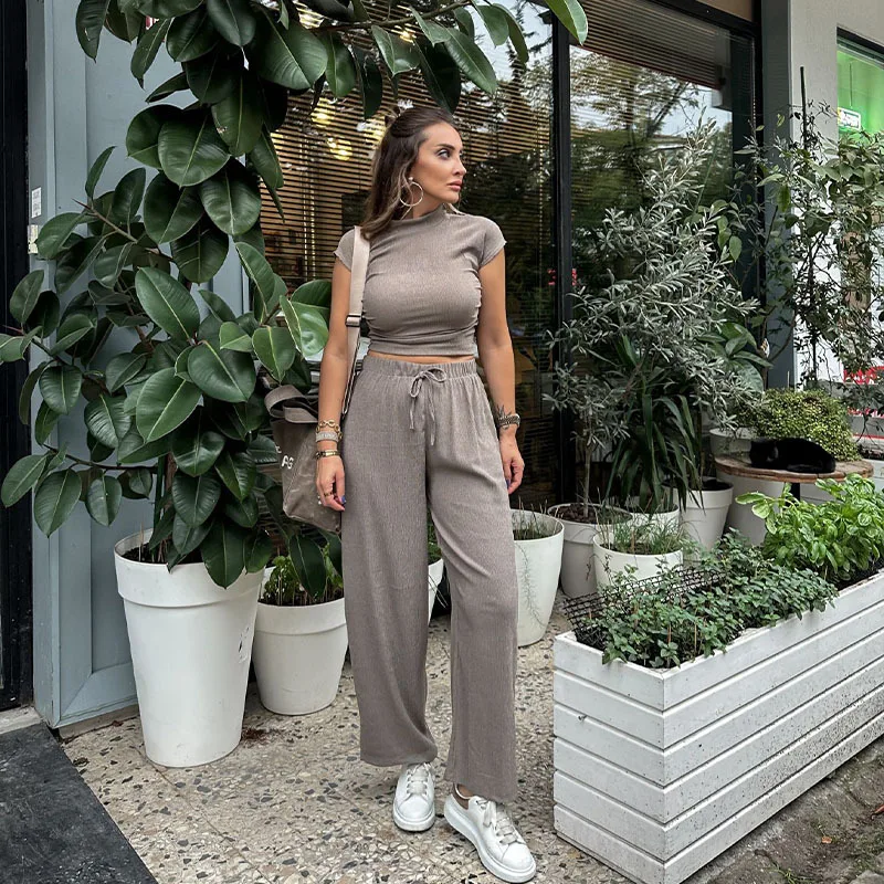 Women Pant Sets Pullover Shirts Short Sleeve Half High Collar Wide Leg Pants Drawstring Loose High Waist Casual Pockets