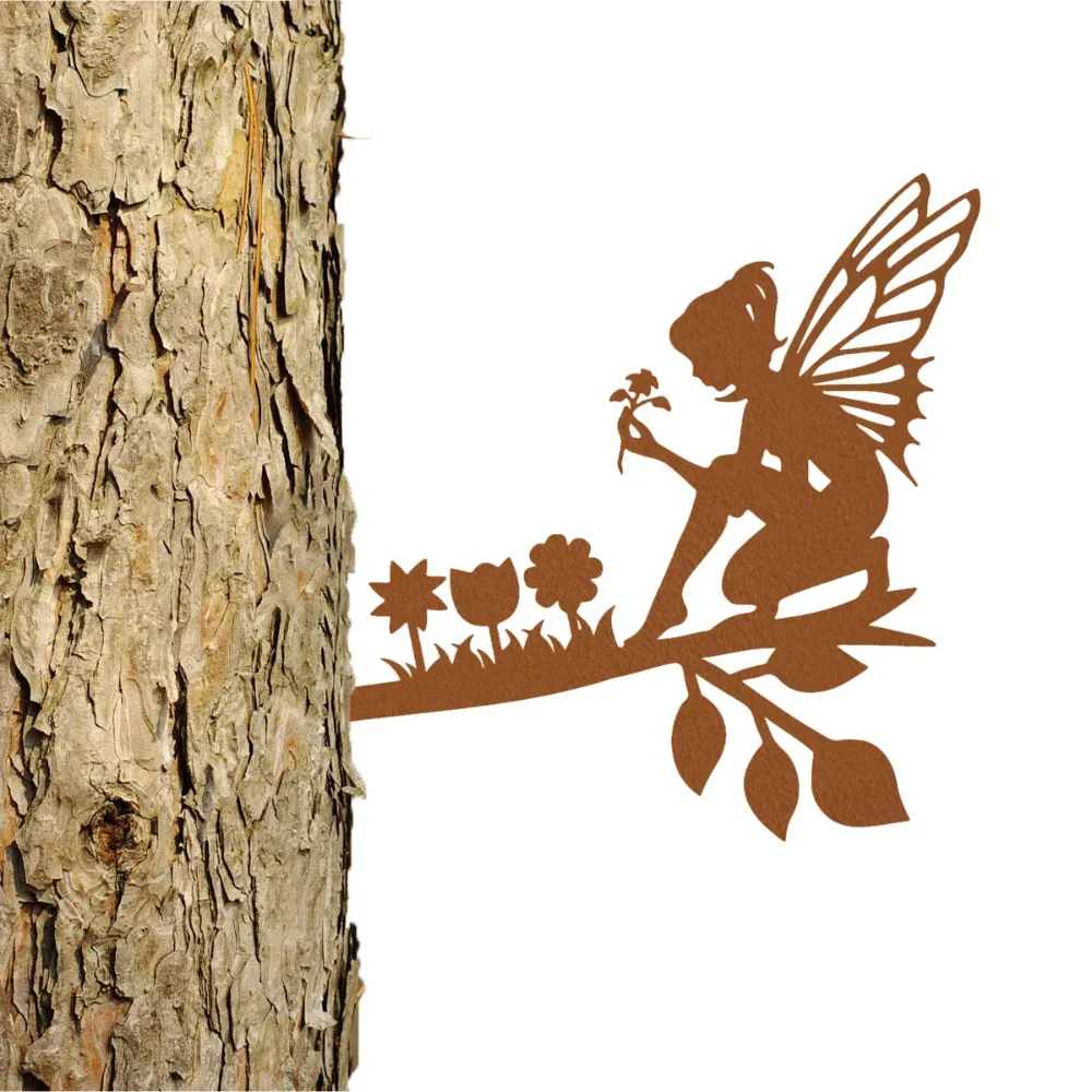 CIFBUY Picking Flowers Fairy On Branch Iron Wall Art, Metal Hanging Signage Plaque Sculpture, Home Decor Ornament