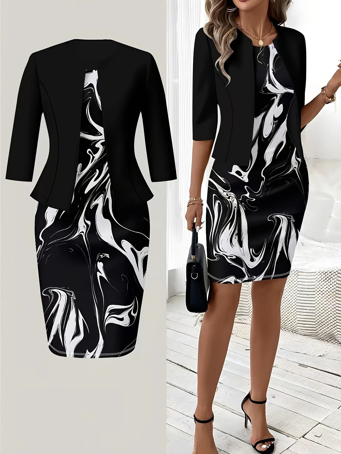 Printed Design Casual Marbled Printed Women's Dress Set