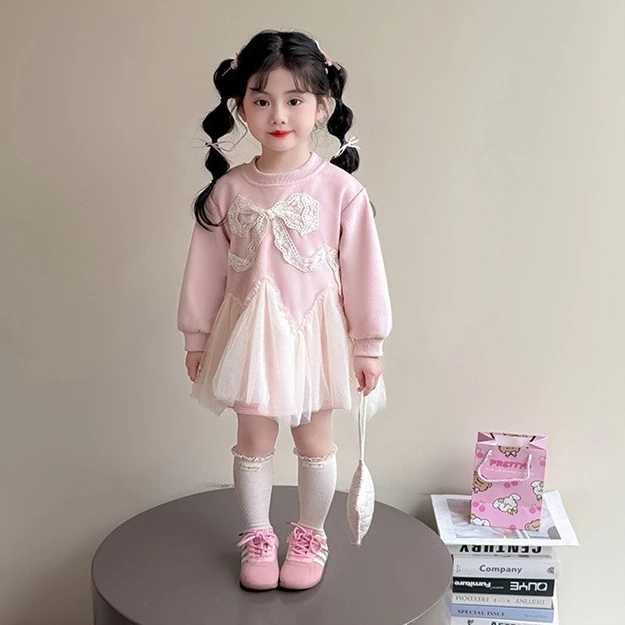 Girls Long Sleeve Dress Spring New Children French Sweet Design Mesh Splicing Dress Girls Princess Dress