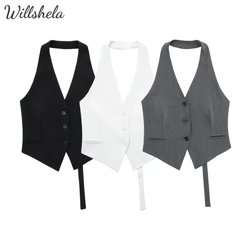 DUOPERI Women Fashion Backless Halter Neck Vest Sleeveless Female Chic Lady Casual Tops Waistcoat