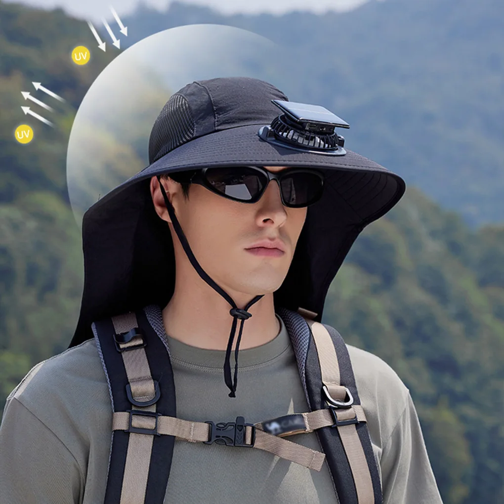 New Sun Hat Solar Fan Outdoor Fishing Sun Hat Wide Brim Breathable Fish Accessories Headwear With Neck Flap For Men Dad Travel