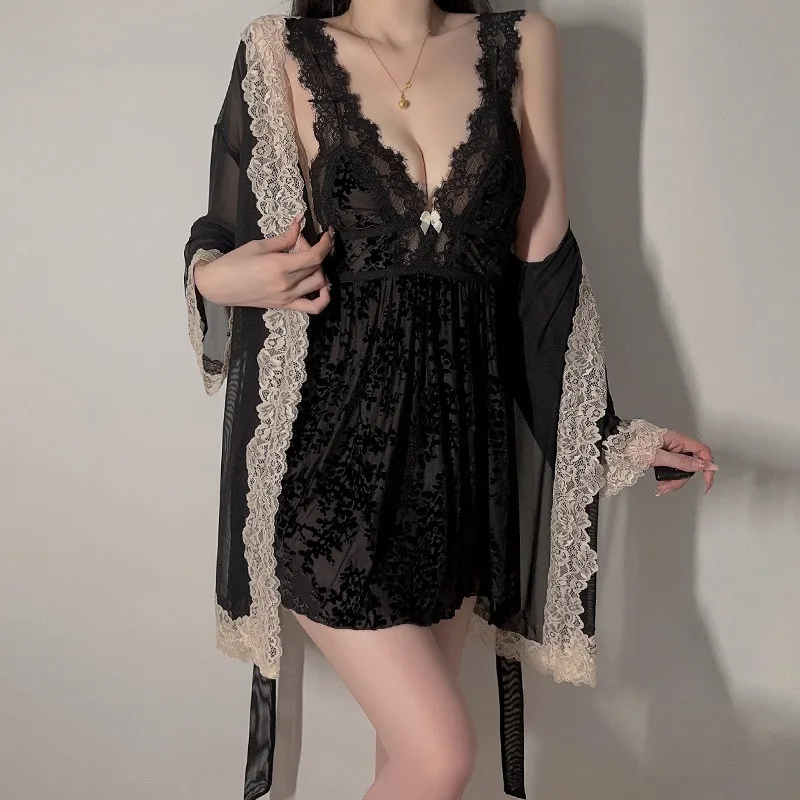 Summer Nightwear Sexy Lace Robe Set Leisure Sleepwear Women Perspective Mesh Bathrobe Back Split Nightgown Lingerie