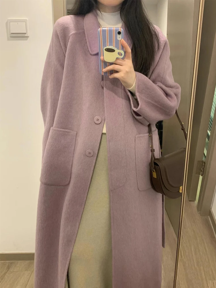 

Autumn Winter Plaid Woolen Coat Women's Medium Length Purple Hepburn Sle Korean Version Single Button Collar Jaet