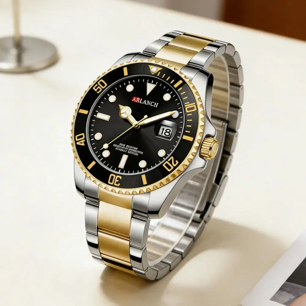 Classic Men Business Watch 40mm Rotating Case Ring Dual Color Stainless Steel Business Clock Diving Series Luxury Quartz Watches