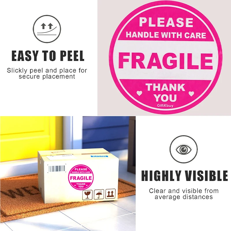 3in 100Pcs Pink Round Fragile Stickers Easy-Tear Adhesive Warning Label Stickers Warehouse Storage Fragile Handle with Care Stickers image 4