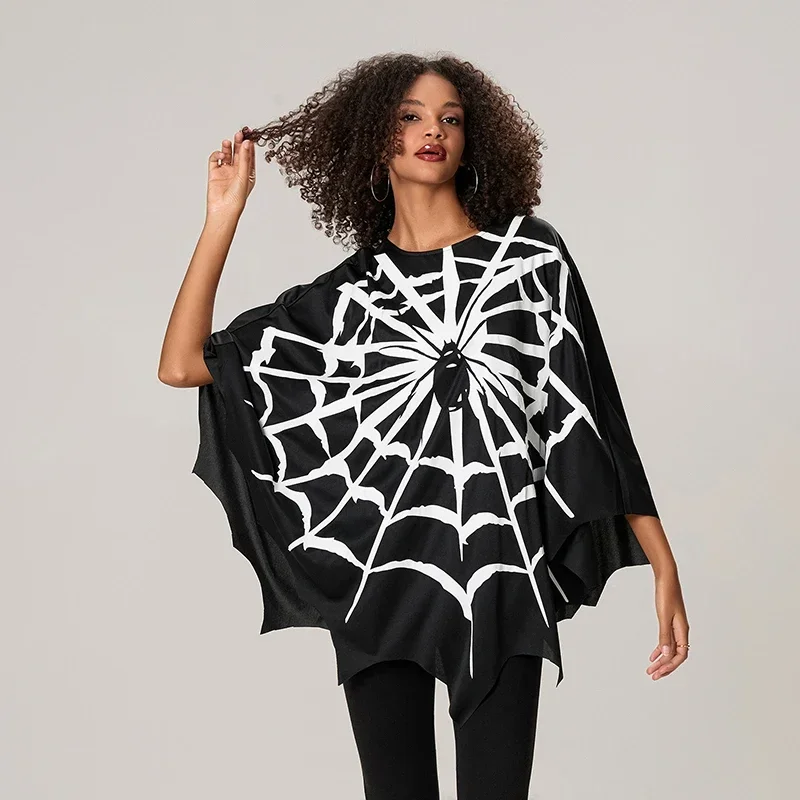 Adult Spider Web Print Cape Funny Halloween Costumes Party Cosplay Poncho Tops Clothes