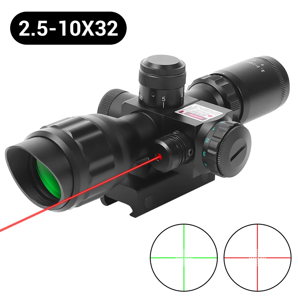 

2.5-10x32 Red Dot Laser Riflescope Tactical Red Green Dual Illuminated Mil-dot Rifle Scope Hunting Optics Air Scope Sight