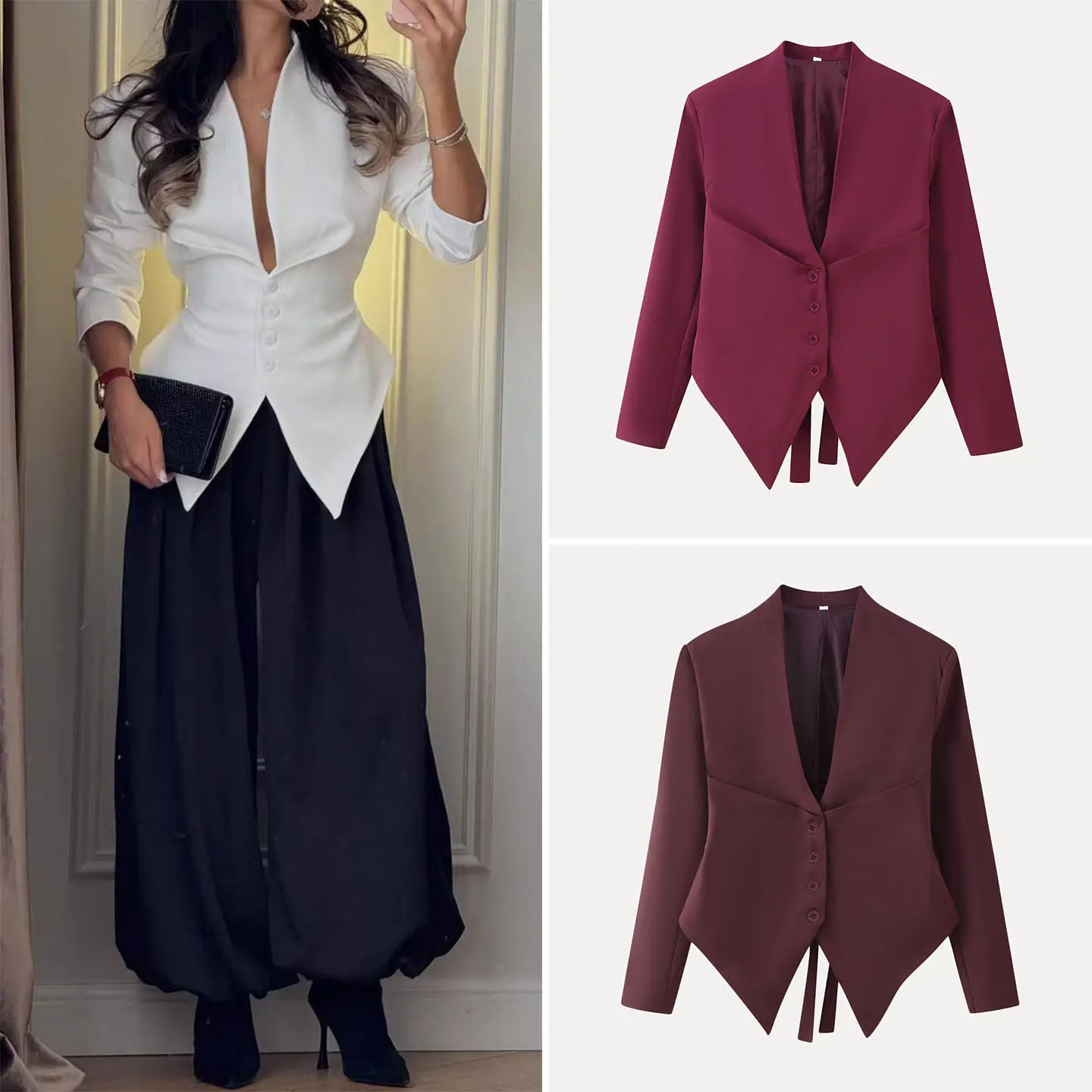 Fashionable Short Suit Women's Spring 2026 Waist-Cinching Asymmetrical Hempleated Design Long Sleeve Single Button Jacket