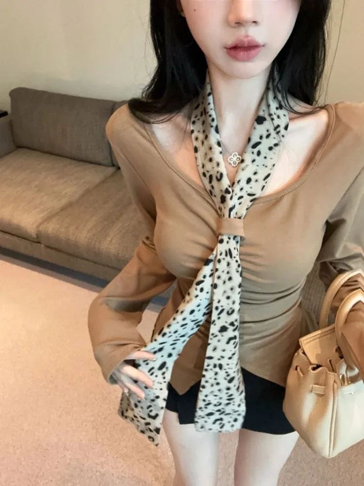 Leopard Print Ribbon All-match Tops Mujer 2024 Ealy Autum New Bottoming T-shirt for Women Y2k Slim Fit Long Sleeve Tee Shirt