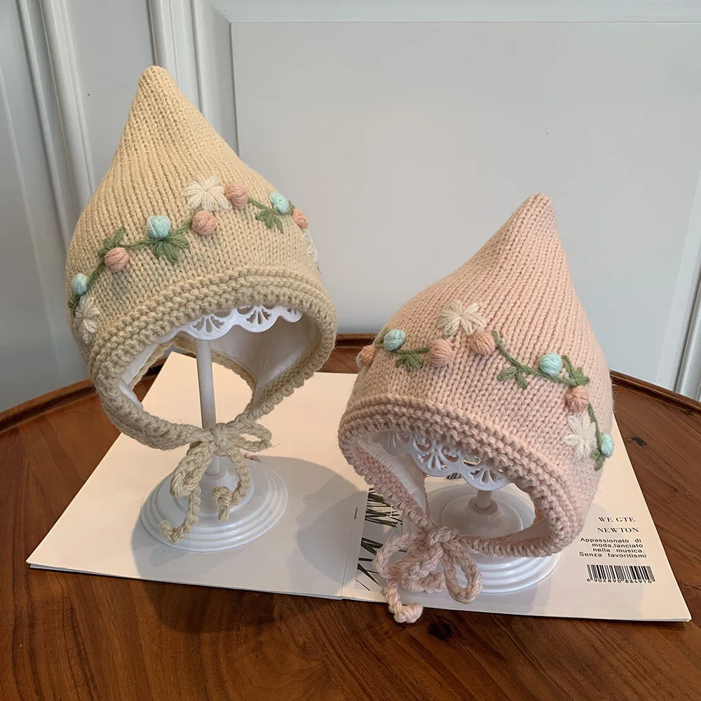 

Детская шапка, осенне-зимняя вязаная шапка для маленьких девочек, шерстяная шапка с защитой ушей, пуловер, милая детская остроконечная модная теплая шапка