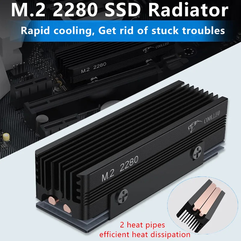 COOLLEO M.2 2280 SSD Radiator z podkładką termiczną 14,8 W/MK 2 rurki cieplne Radiator dysku półprzewodnikowego do chłodnicy M.2 NVMe 2280 SSD