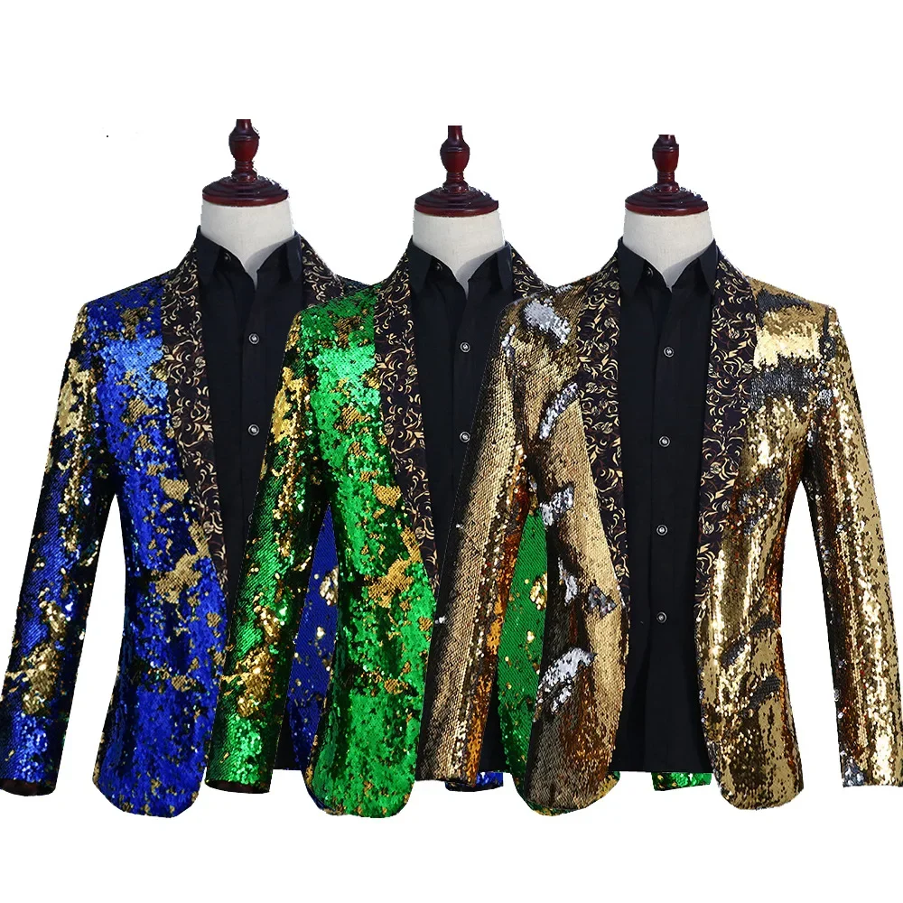 Blazer con paillettes blu Royal e oro giacca da uomo con colletto a scialle mostra Nightclub Bar DJ Singer Host Stage Wear