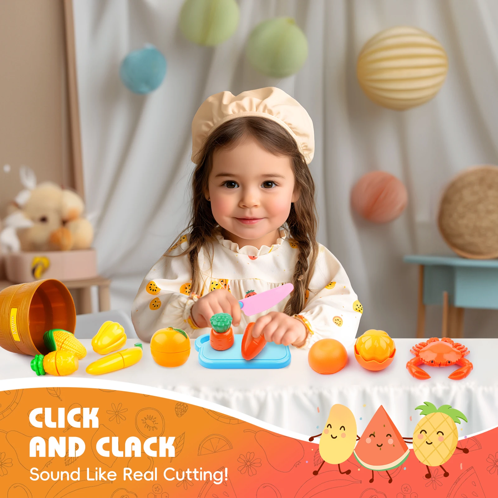 48Pcs Cutting Play Food Toy for Multiple Kids with Storage Baskets, Kitchen Pretend Food Set for Toddler, Kitchen Toys