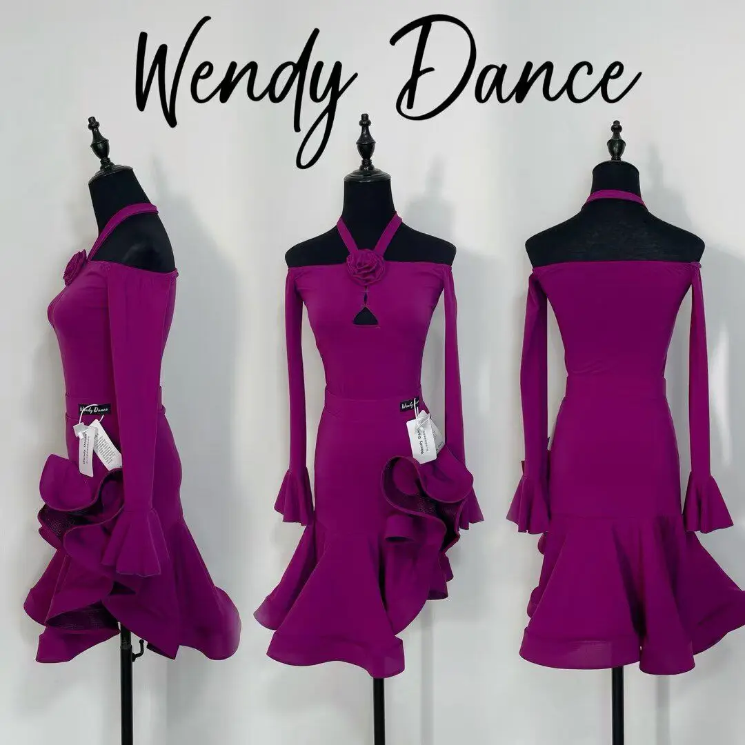 

Одежда для латинских танцев, женское боди с длинными рукавами и вырезом на шее, юбка с эффектом рыбьей кости, платье для соревнований по ча-ча-ча, тренировочная одежда