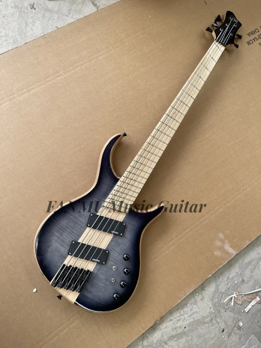 5 strings black bass guitar maple neck through ASH wood body, flamed maple top, fixed bridge, black bridge,fan frets,maple finge