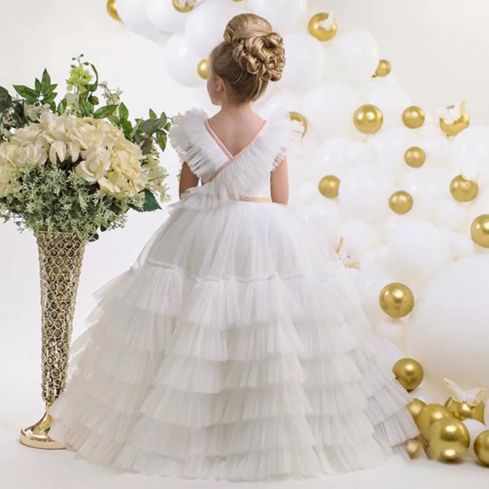 Lvory Flower Girl Dresses Layers Tulle V-collar Princess Puffy Baby Wedding Party First comunione Dress Kid Gown Present