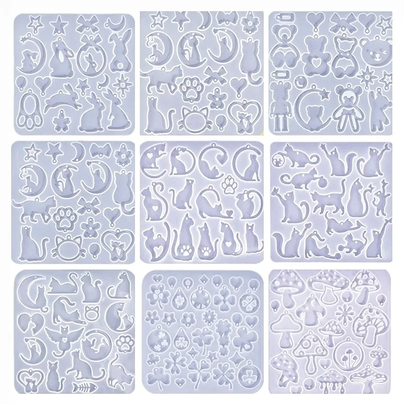 Cute Silicone Molds Kit for Resin Casting, Cat Rabbit Bear 3D Charms Molds, Four Leaf Clover Mushroom Jewelry Findings, DIY Craf view 6