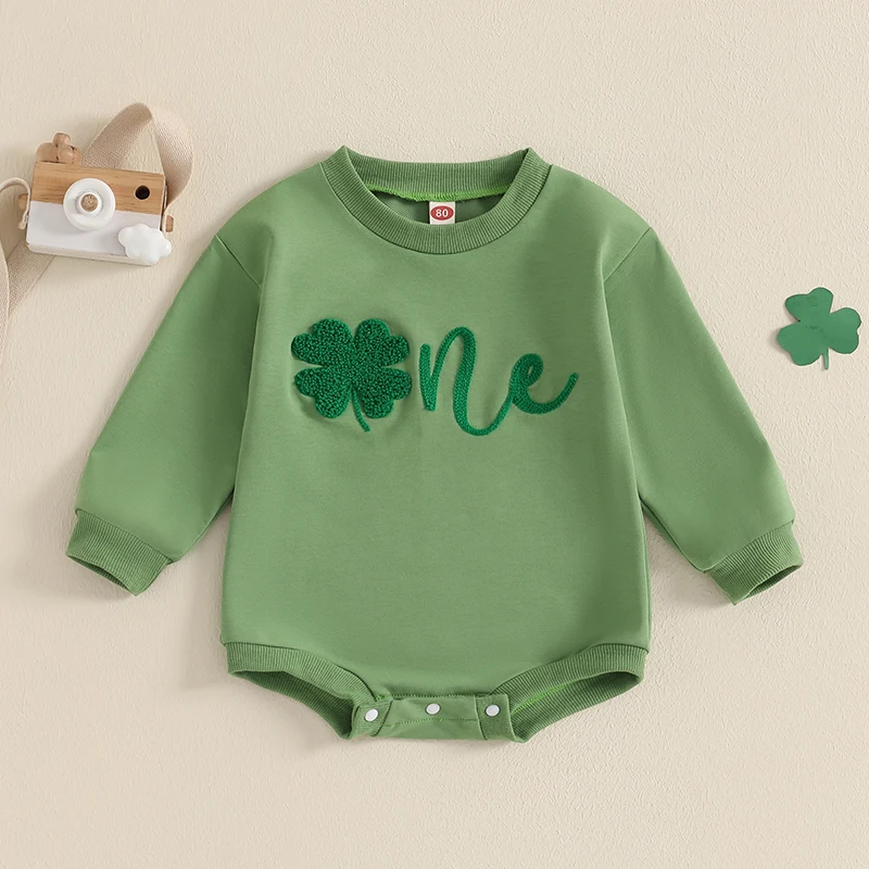 Baby Spring Sweatshirt Birthday Romper Letter Shamrock Embroidery Long Sleeve Round Neck Bubble Jumpsuit