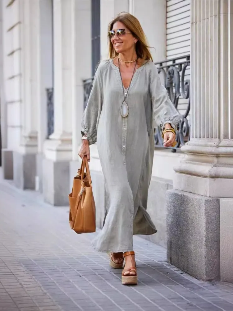 Spring Summer Casual Cotton Linen Long Dresses Sexy Solid Long Sleeve Autumn Dress Women V-neck Cardigan Shirt Dress Robe