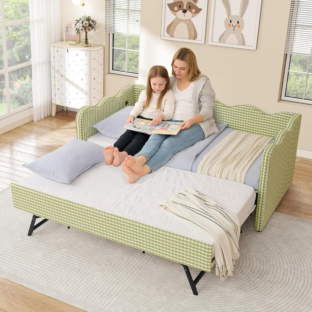 Twin Daybed with Pop Up Trundle, Linen Gingham Upholstered, USB Ports, No Box Spring Needed, Green