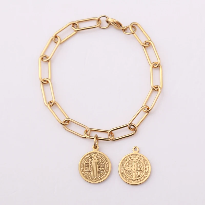 Stainless Steel Women's Long O Chain Oval Saint Benedict Bracelet Metal Gold Color St Benedict Coin Heavy Chunky Chain Bracelets