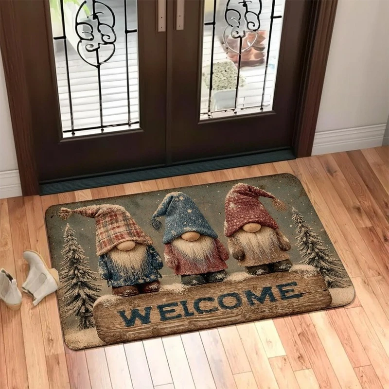 Rustic Winter Welcome Three Gnomes Pine Tree Snow Flannel Doormat Anti Slip Absorbent Front Door Mat Home Entrance Decor Rug