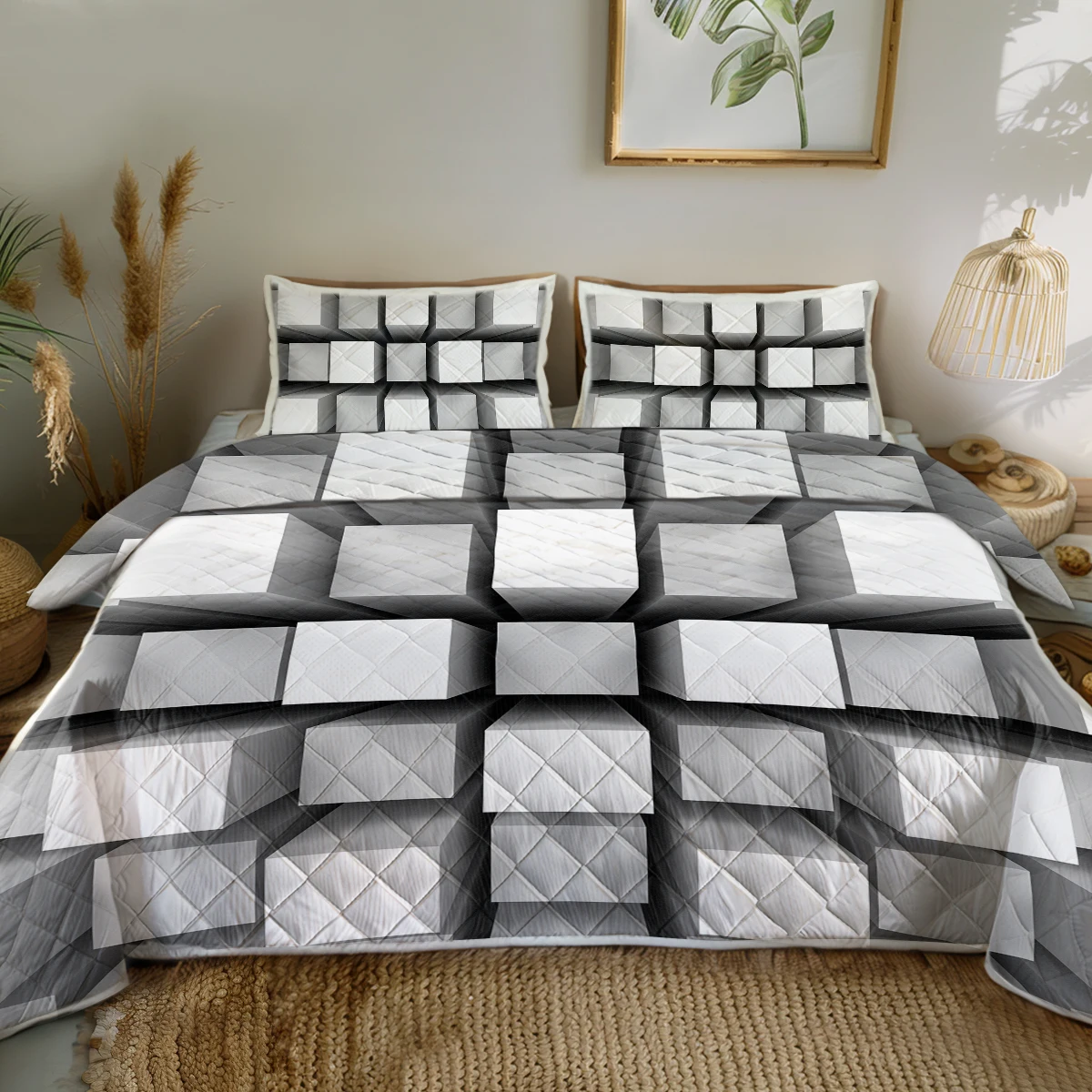 

3 Piece Geometric Squares Blanket Raised 3D Effect Bedding Set Grey Super Soft Bed Set 1 Coverlet and 2 Pillowcases