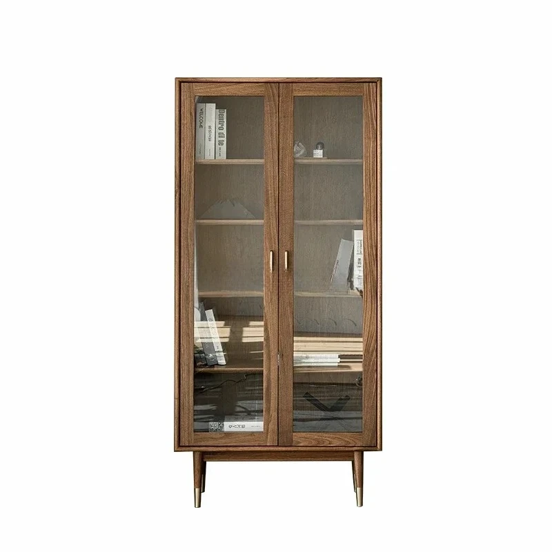 

Nordic Solid Wood Bookcase Glass Display Combination Study Living Room Modern Minimalist Black Walnut