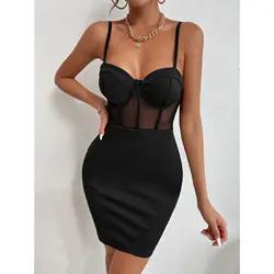 Y2K Sexy Club Party Hollowing Mesh See Through Slim Dress,Women Nightclub Wear Fishbone Halter V Neck Sheer Package Hip Skirt