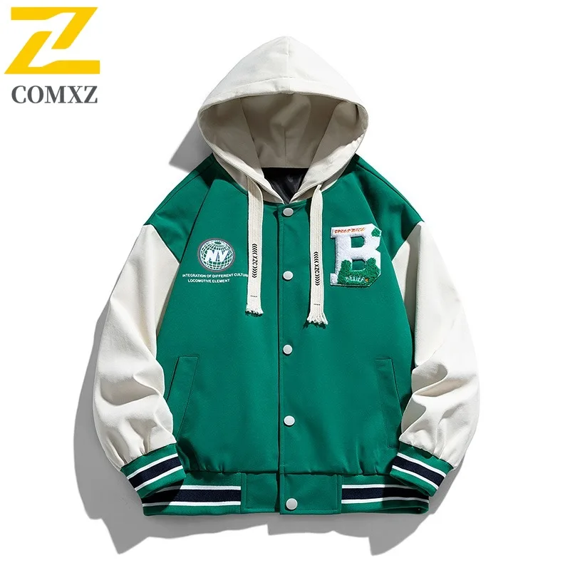 

COMXZ 2025 Men's American Style Baseball Jacket Autumn Casual Trendy Student Loose Fit Hooded Lightweight Coat