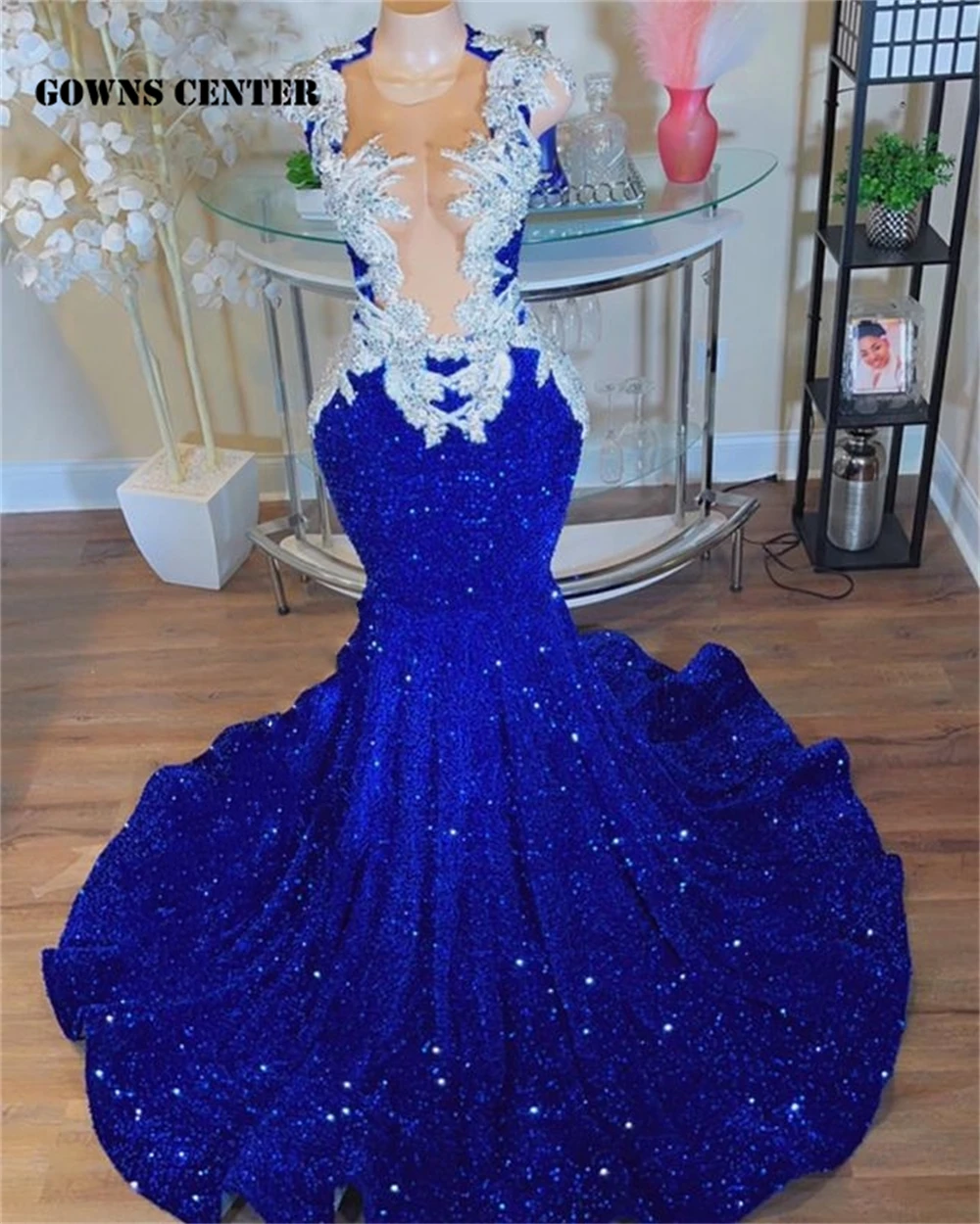 Elegante Royal Blue Pailletten Prom Kleider Für Schwarz Mädchen O Neck Silber Perlen Applique Meerjungfrau Cocktail Kleid Formale Gelegenheits-kleid