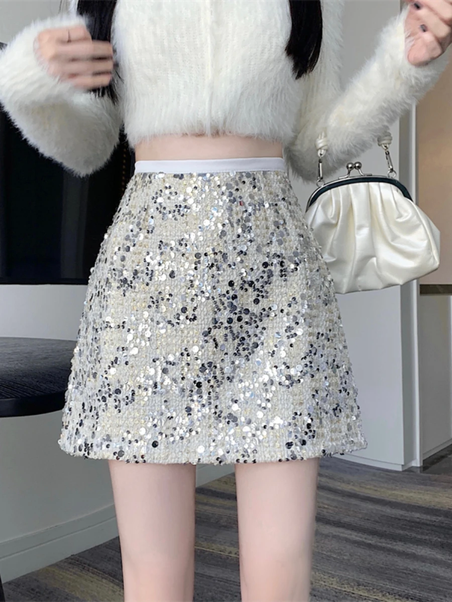 Bornladies Sparkling Woolen A-line Skirt Women's Female Korean Version With High Waist Slimming Effect Short Hip Hugging Skirt