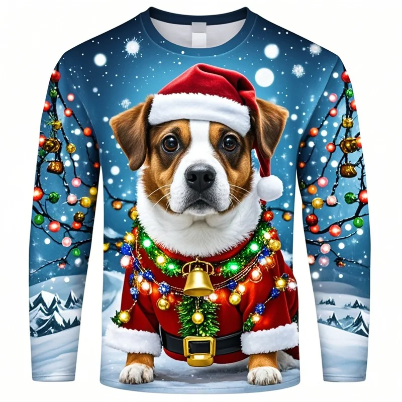 3d Print Merry Christmas Long Sleeve T Shirt With Dog For Men Casual Plus Size Funny Dog Tshirt Clothes Family Christmas Tees