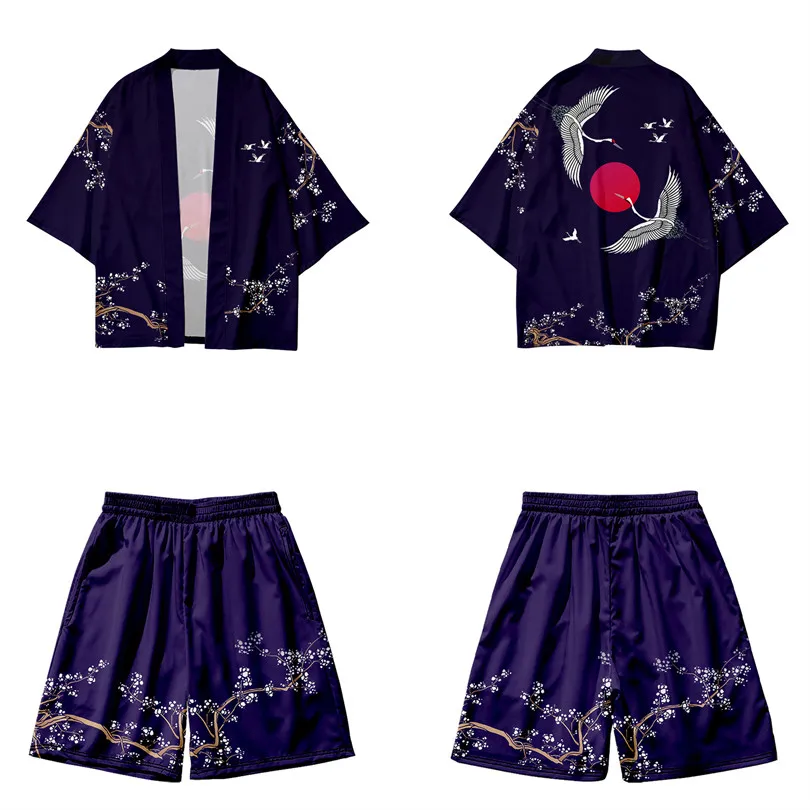 

Two-piece Suit Kanagawa Wave Crane Harajuku Black Kimono Shorts Sets Yukata Japanese Cardigan Women Men Cosplay Loose Haori