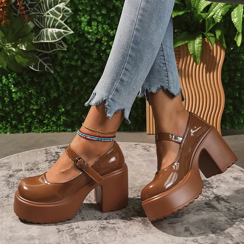 Vintage wysokie obcasy buty Mary Jane dla kobiet Pu skóra masywny buty na koturnach kobieta gotycka pasek z klamrą Lolita rozmiar 42