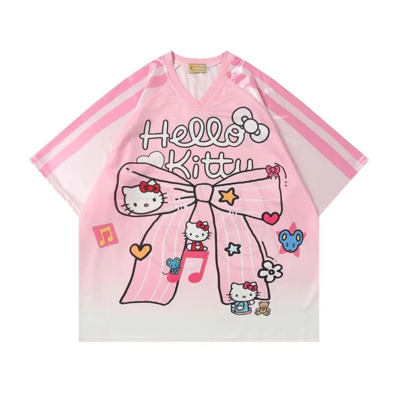 

Miniso 3XL Oversized Hellokitty Sporty T-shirt V-neck Breathable Football Top Unisex Kawaii Cartoon Couple Tees Loose Tops Women