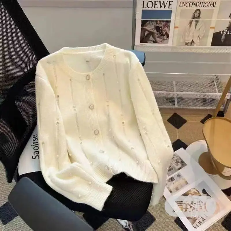 

Temperament Hollow Knitted Nail Bead Sweater 2025 New Loose Knitted Cardigan Top For Women In Spring And Autumn