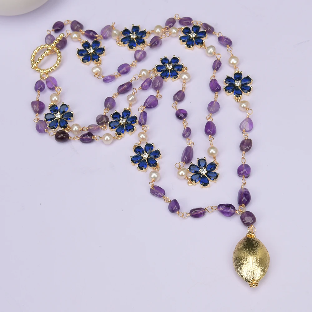 GG 20\'\' 2 Rows Natural White Pearl Purple Amethyst Blue Crystal Flower Crystal Paved Necklace Brushed Bead Pendant