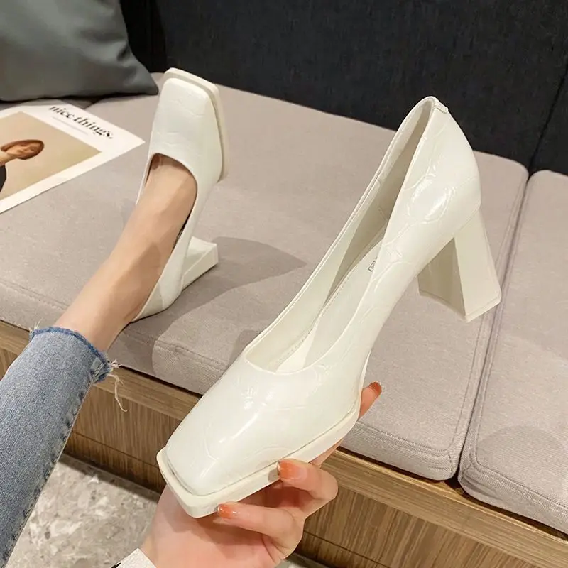 Shoes for Woman 2024 on Heeled White Women\'s Summer Footwear Platform Office High Heels Square Toe Pumps Chic and Elegant Dress