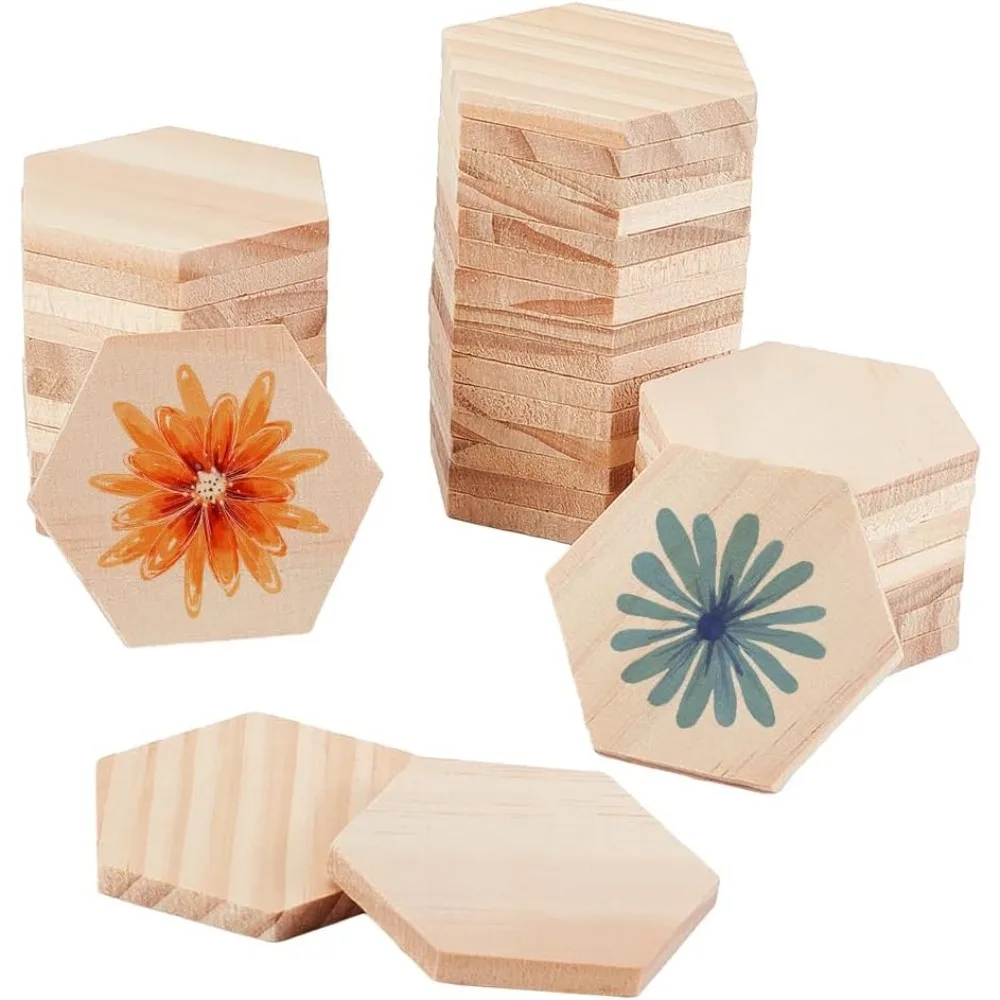 50pcs Unfinished Wood Pieces Hexagon Wooden Slices Natural Wood Hexagon Cutouts Blank Wooden Hexagon Slices for DIY Crafts