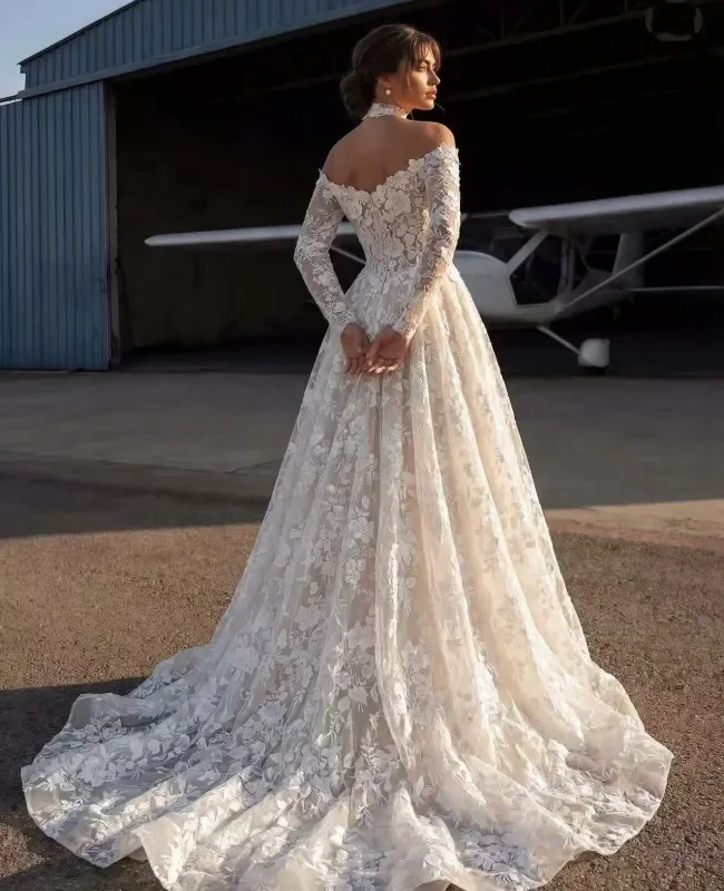 Customized White Off Shoulder V Neck Long Lace Sleeve A Line Wedding Gown Fitted Waist Floral Lace Chapel Train Bridal Dress