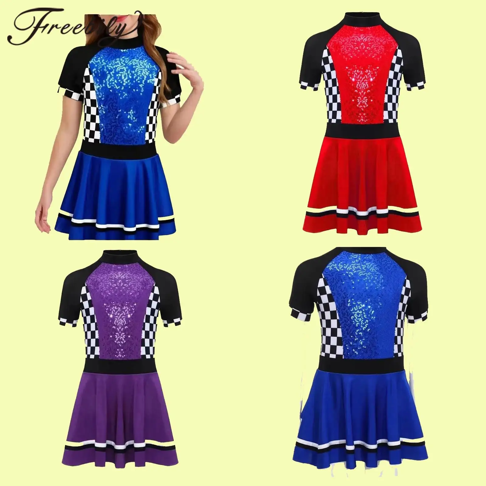 

Children Racer Fancy Dress Girls Car Racing Driver Costume Checkerboard Shiny Sequins Dress Halloween Kid Cosplay Party Clothes