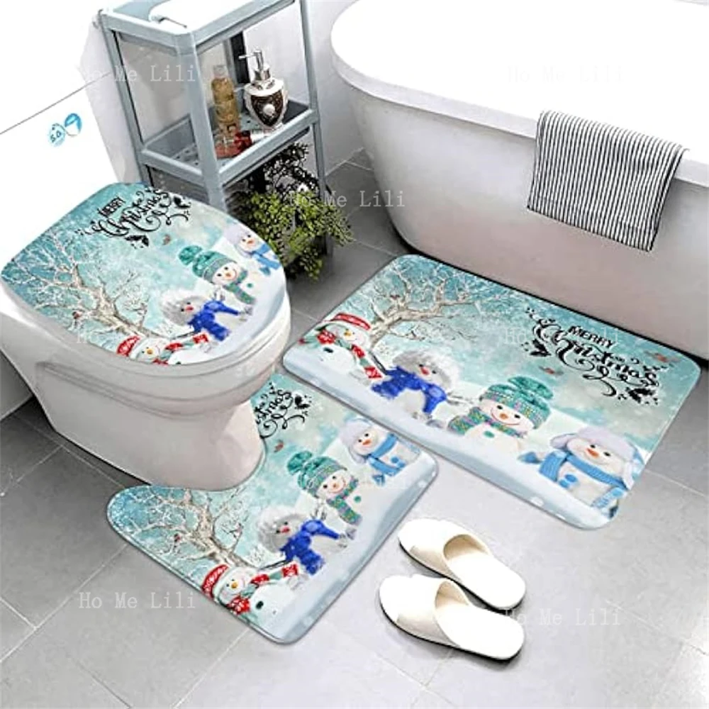 The Snowman Shower Curtain Set Includes A Non-Slip Carpet Toilet Seat Cover And U-Pad Bathroom Decor