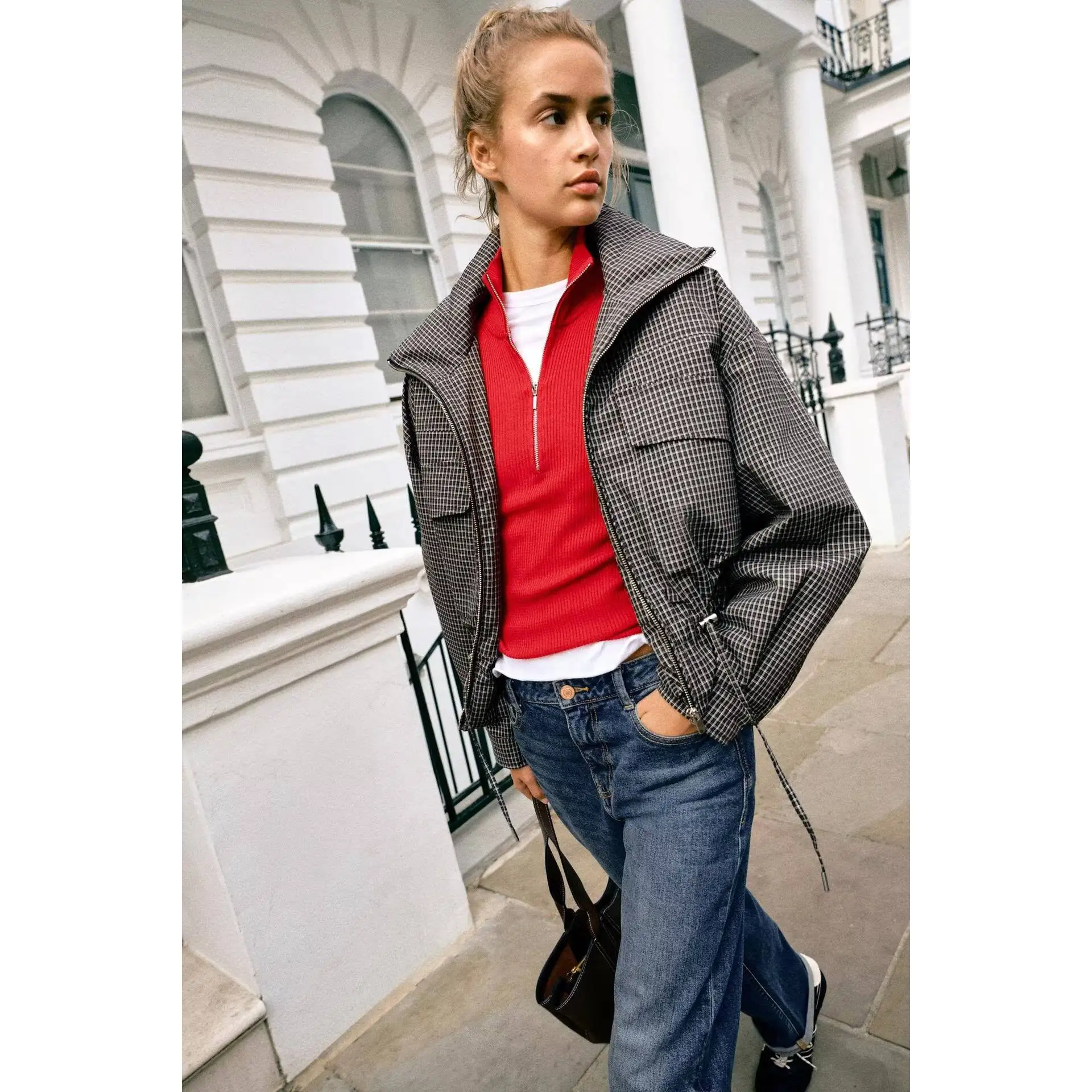 Early Autumn New Arrival Women's Fashion Plaid Stand Collar Cotton Jacket Coat Polyester Fiber Loose Fit Short Style Zipper