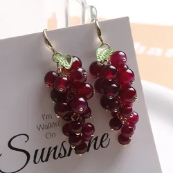 Colorful Grape Handmade Beaded Earrings for Women New Trendy Retro Ethnic Style Long Ear Hooks Sweet Fruit Green Leaf Earrings