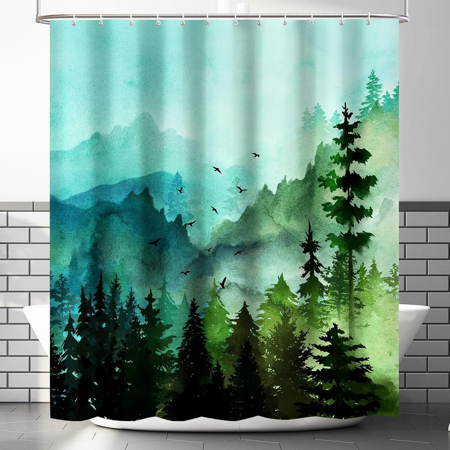 

84 Inch Long Green Misty Forest Shower Curtain for Bathroom, Nature Woodland Shower Curtain Set with Hooks, Decorative