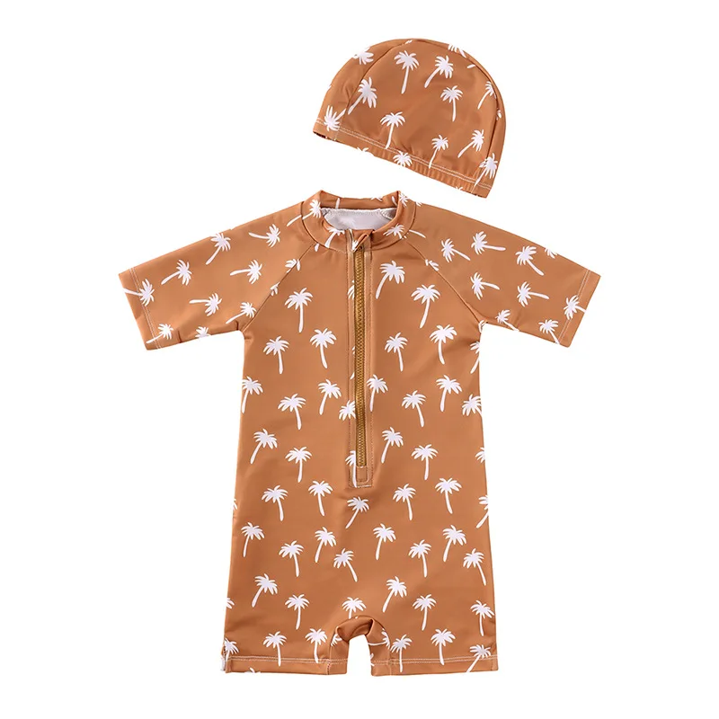 2024 New Summer Baby Boys Girls Beachwear Children Beach Wear Kids Swimwear One Piece Baby Short Sleeved Print Jumpsuit Swimsuit