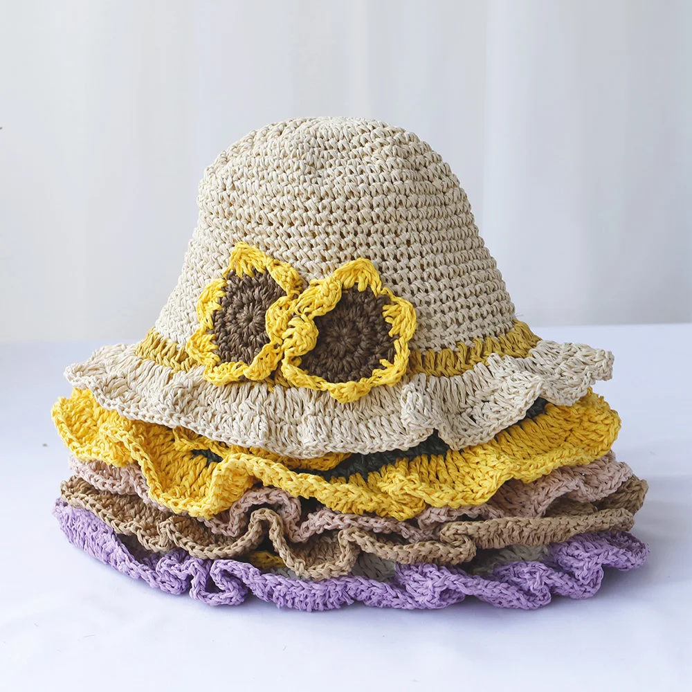 new Cute and Sweet Children\'s straw hat, girl\'s sun hat, sunflower hat, lace with windproof rope, holiday hat handmade straw hat